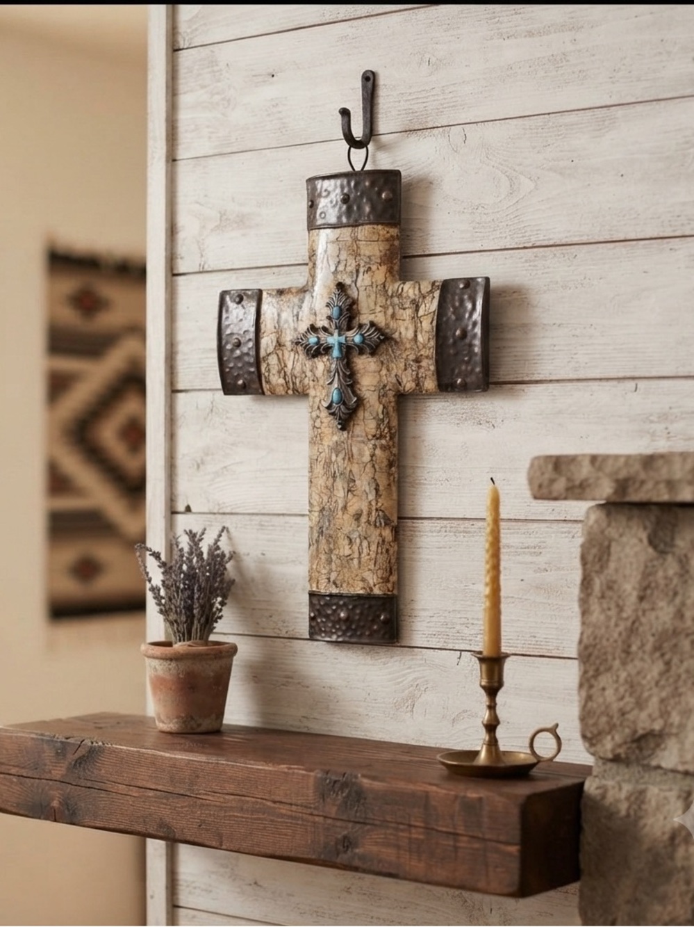 Rustic Southwestern style faux wood and hammered iron wall cross